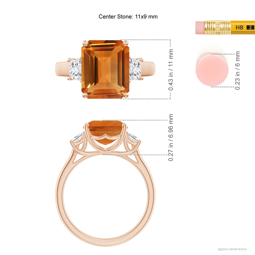 11x9mm AAA Three Stone Emerald-Cut Citrine and Diamond Ring in Rose Gold Ruler