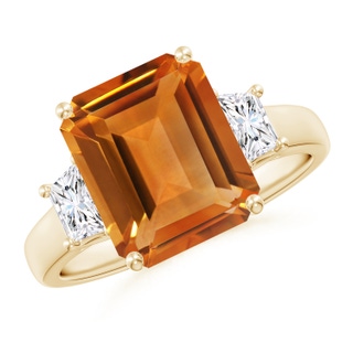 11x9mm AAA Three Stone Emerald-Cut Citrine and Diamond Ring in Yellow Gold