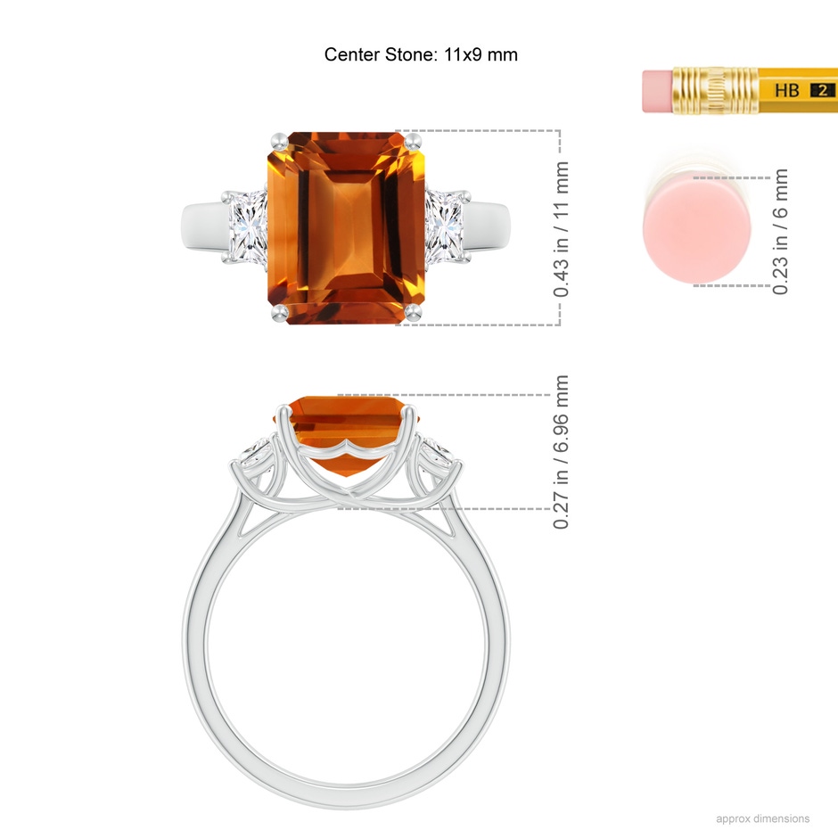 11x9mm AAAA Three Stone Emerald-Cut Citrine and Diamond Ring in P950 Platinum ruler