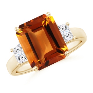 11x9mm AAAA Three Stone Emerald-Cut Citrine and Diamond Ring in Yellow Gold