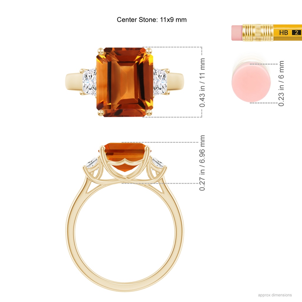 11x9mm AAAA Three Stone Emerald-Cut Citrine and Diamond Ring in Yellow Gold Ruler