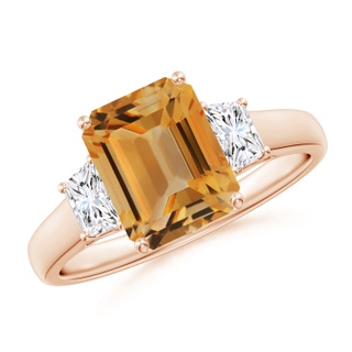 9x7mm A Three Stone Emerald-Cut Citrine and Diamond Ring in Rose Gold