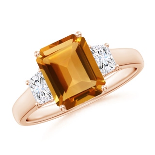 9x7mm AA Three Stone Emerald-Cut Citrine and Diamond Ring in 10K Rose Gold