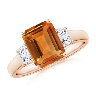 9x7mm AAA Three Stone Emerald-Cut Citrine and Diamond Ring in 10K Rose Gold