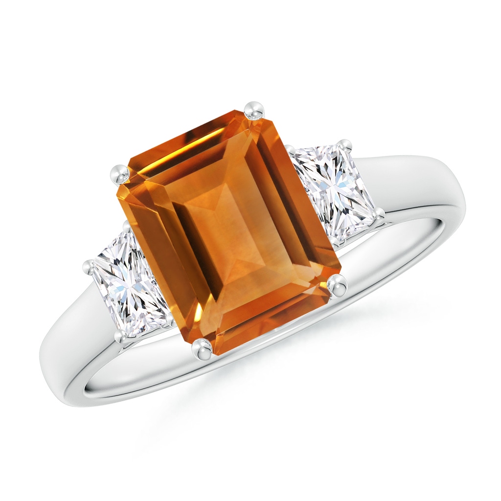 9x7mm AAA Three Stone Emerald-Cut Citrine and Diamond Ring in White Gold