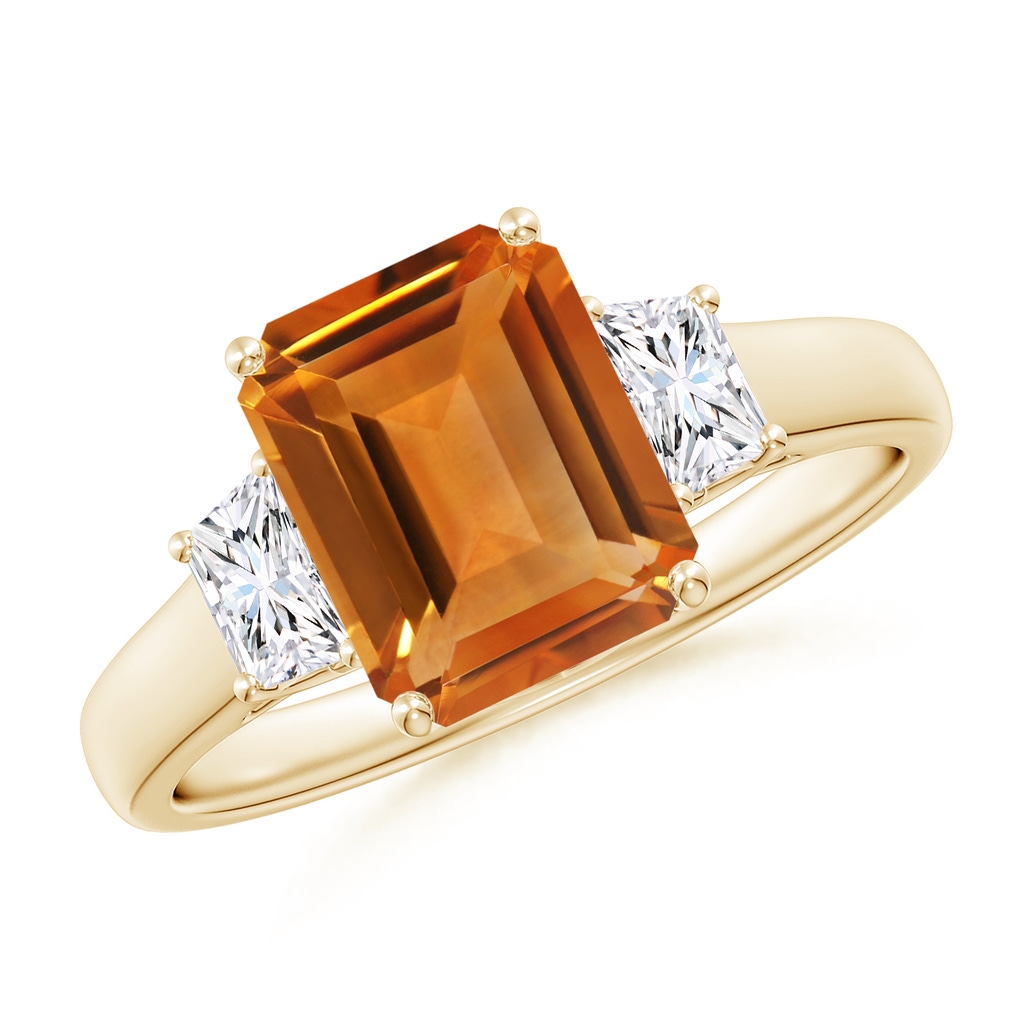 9x7mm AAA Three Stone Emerald-Cut Citrine and Diamond Ring in Yellow Gold