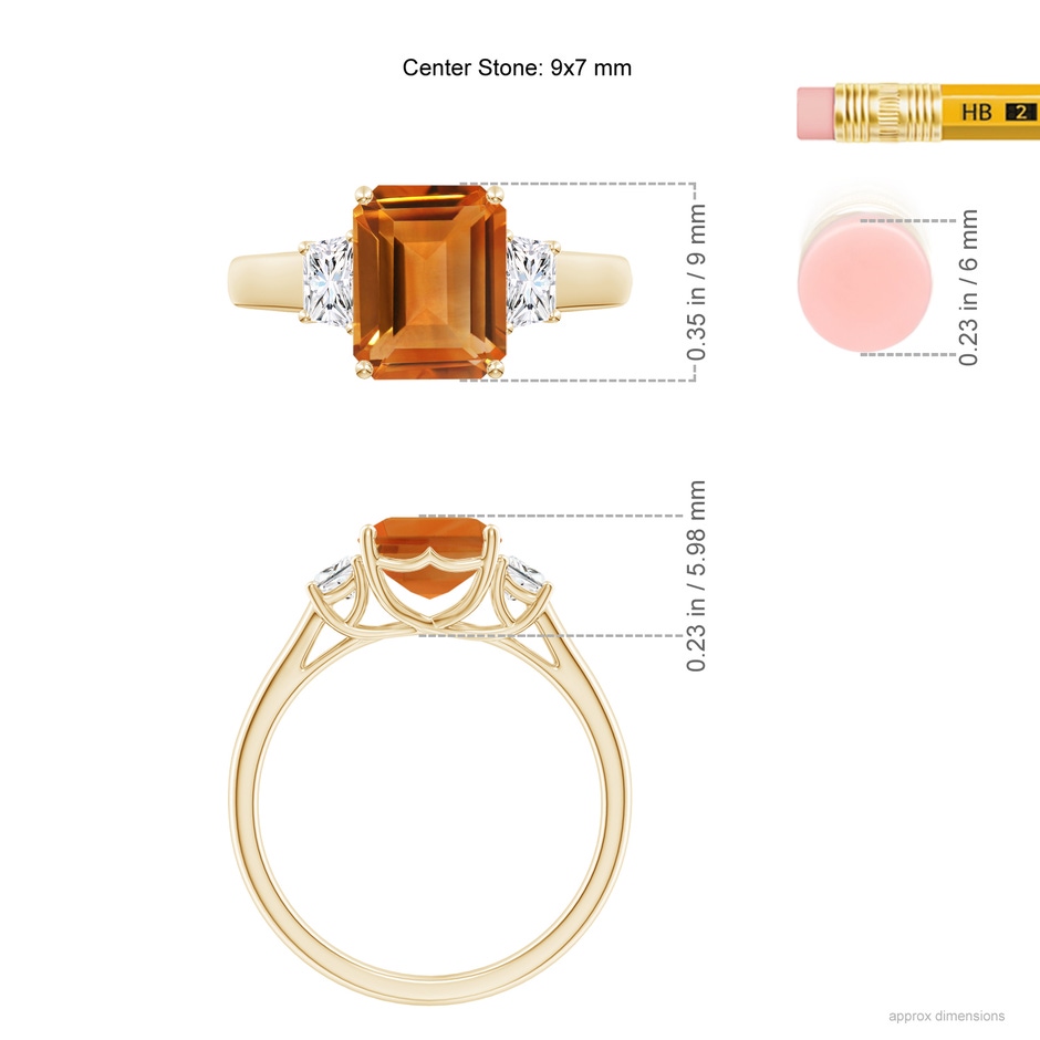 9x7mm AAA Three Stone Emerald-Cut Citrine and Diamond Ring in Yellow Gold ruler