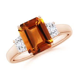 9x7mm AAAA Three Stone Emerald-Cut Citrine and Diamond Ring in 10K Rose Gold
