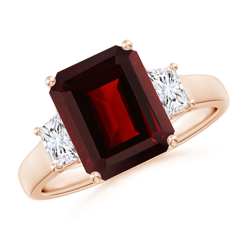 10x8mm AA Three Stone Emerald-Cut Garnet and Diamond Ring in Rose Gold 