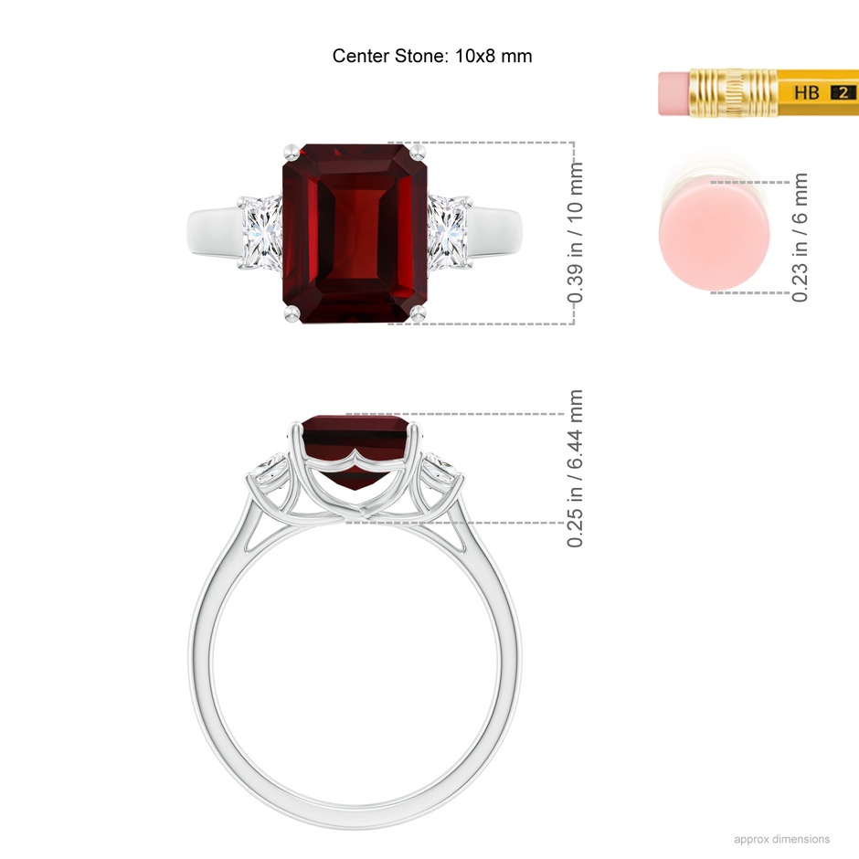 10x8mm AAA Three Stone Emerald-Cut Garnet and Diamond Ring in 9K White Gold ruler