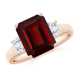 10x8mm AAA Three Stone Emerald-Cut Garnet and Diamond Ring in Rose Gold