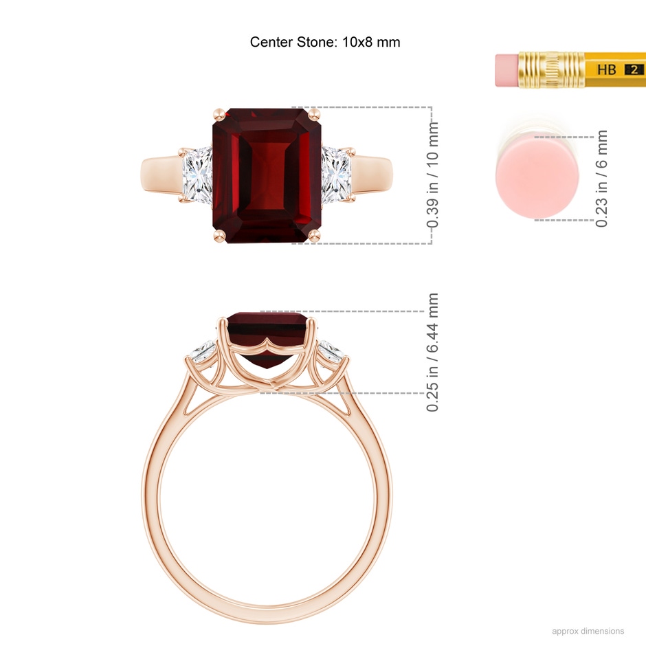 10x8mm AAA Three Stone Emerald-Cut Garnet and Diamond Ring in Rose Gold ruler