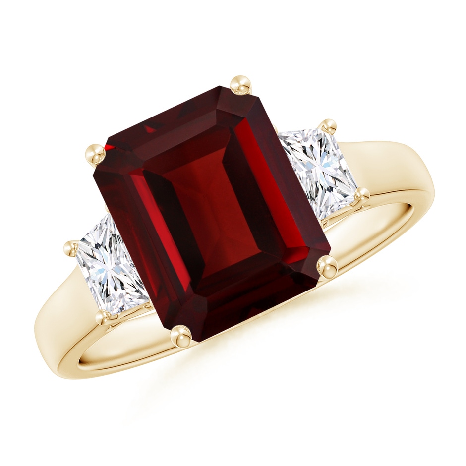 10x8mm AAA Three Stone Emerald-Cut Garnet and Diamond Ring in Yellow Gold 