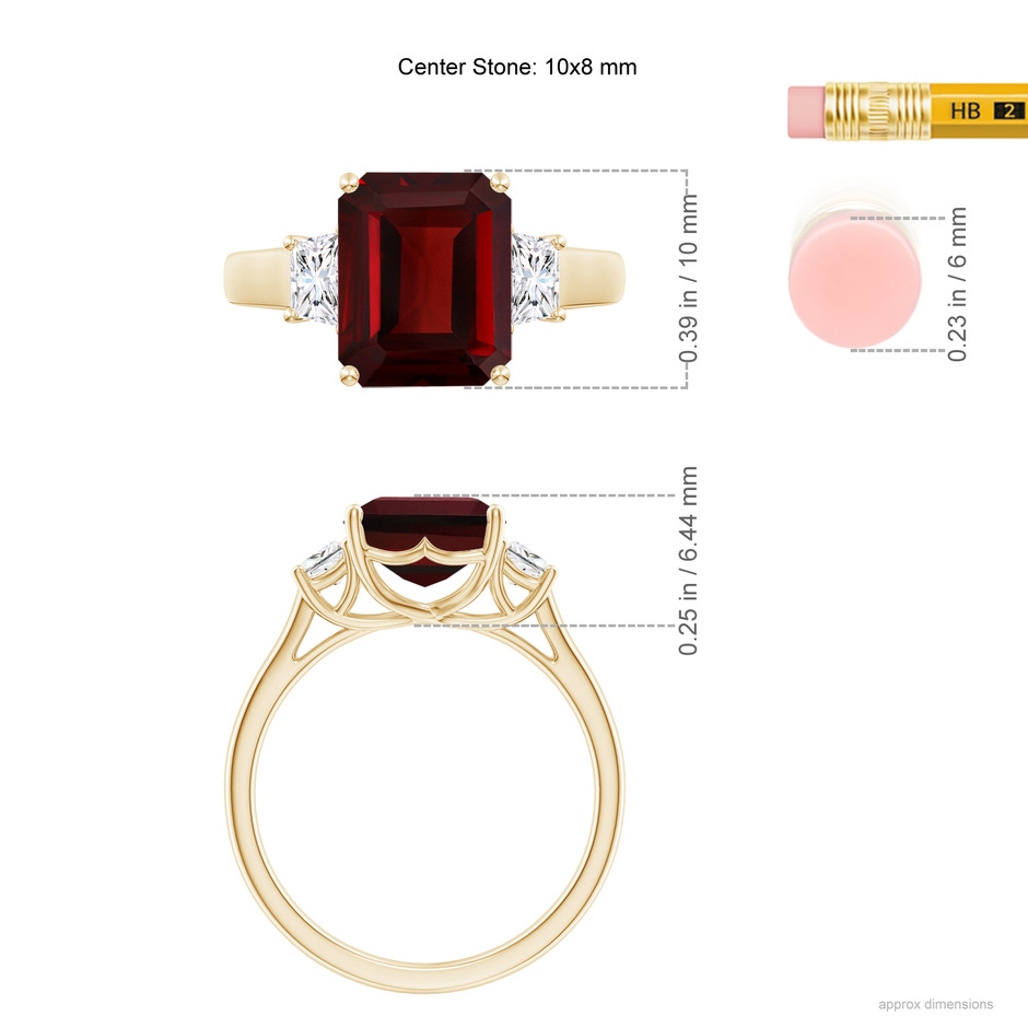 10x8mm AAA Three Stone Emerald-Cut Garnet and Diamond Ring in Yellow Gold ruler