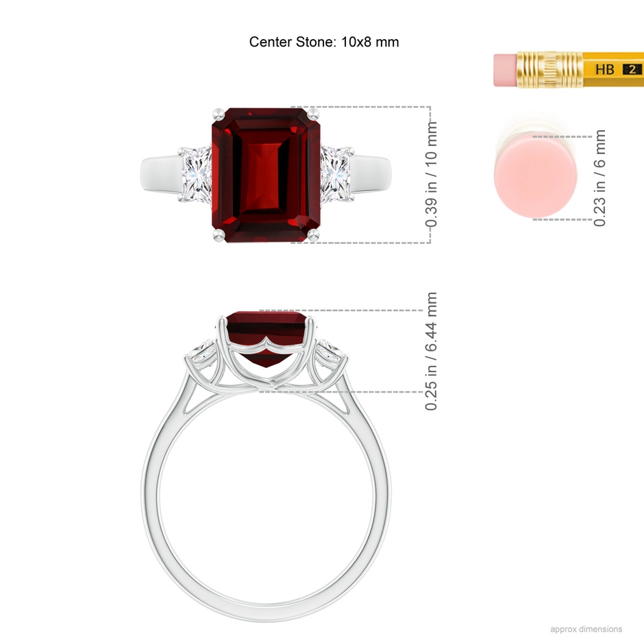 10x8mm AAAA Three Stone Emerald-Cut Garnet and Diamond Ring in P950 Platinum ruler
