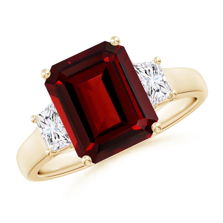 10x8mm AAAA Three Stone Emerald-Cut Garnet and Diamond Ring in Yellow Gold 