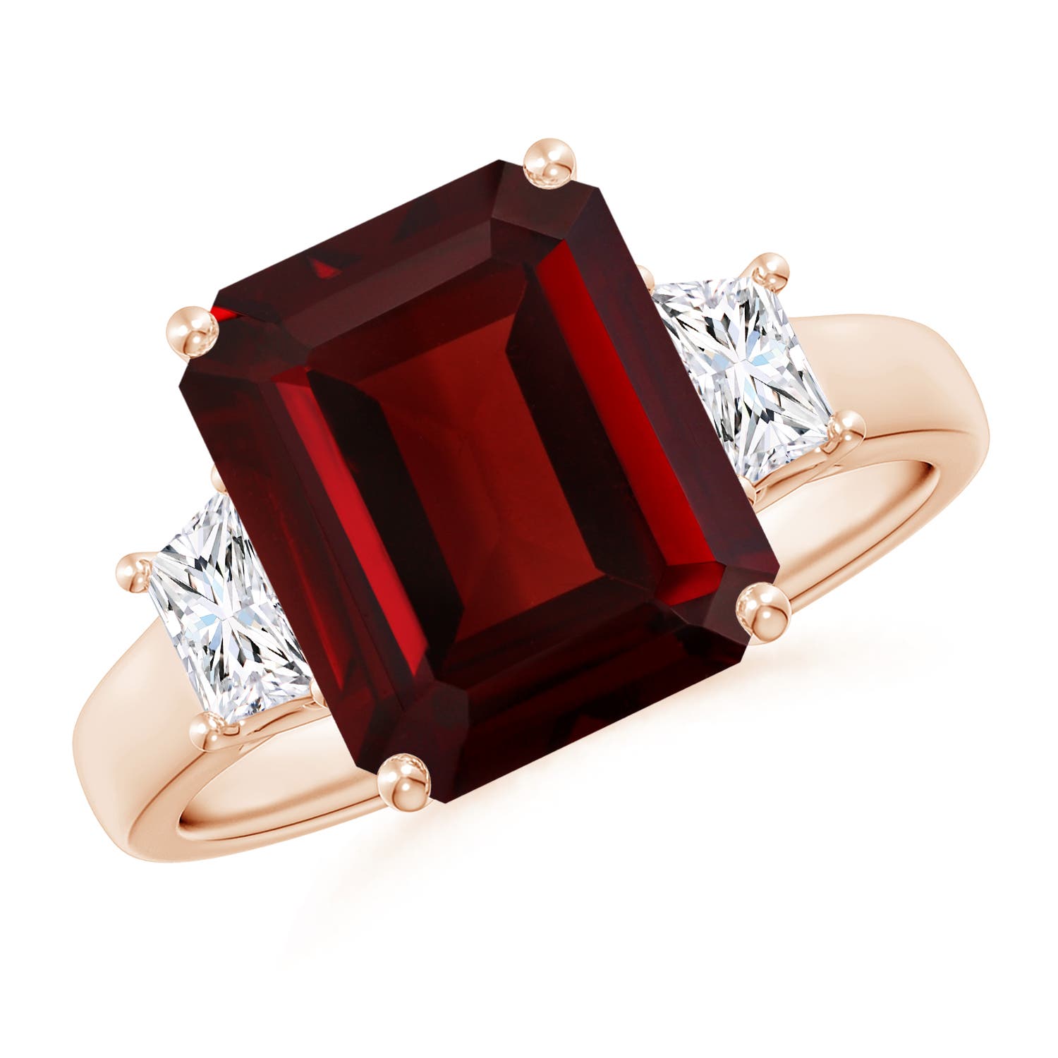 11x9mm AAA Three Stone Emerald-Cut Garnet and Diamond Ring in 18CT Rose Gold