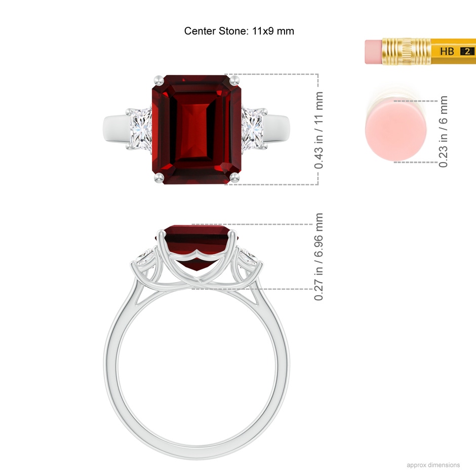 11x9mm AAAA Three Stone Emerald-Cut Garnet and Diamond Ring in White Gold ruler