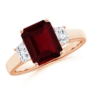 9x7mm AA Three Stone Emerald-Cut Garnet and Diamond Ring in 9K Rose Gold