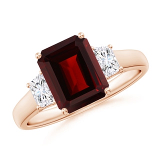 9x7mm AA Three Stone Emerald-Cut Garnet and Diamond Ring in Rose Gold