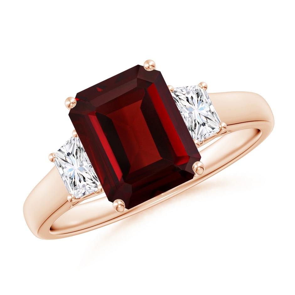 9x7mm AAA Three Stone Emerald-Cut Garnet and Diamond Ring in Rose Gold 