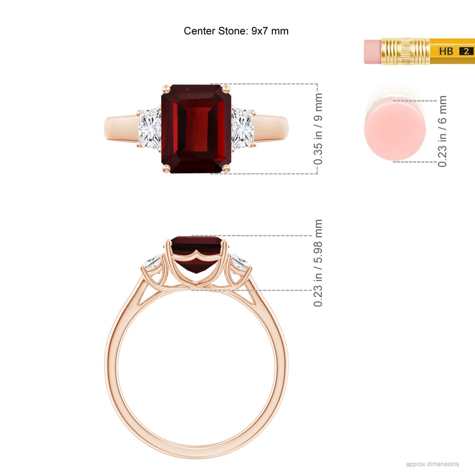 9x7mm AAA Three Stone Emerald-Cut Garnet and Diamond Ring in Rose Gold ruler