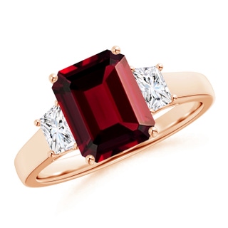 9x7mm AAAA Three Stone Emerald-Cut Garnet and Diamond Ring in 9K Rose Gold