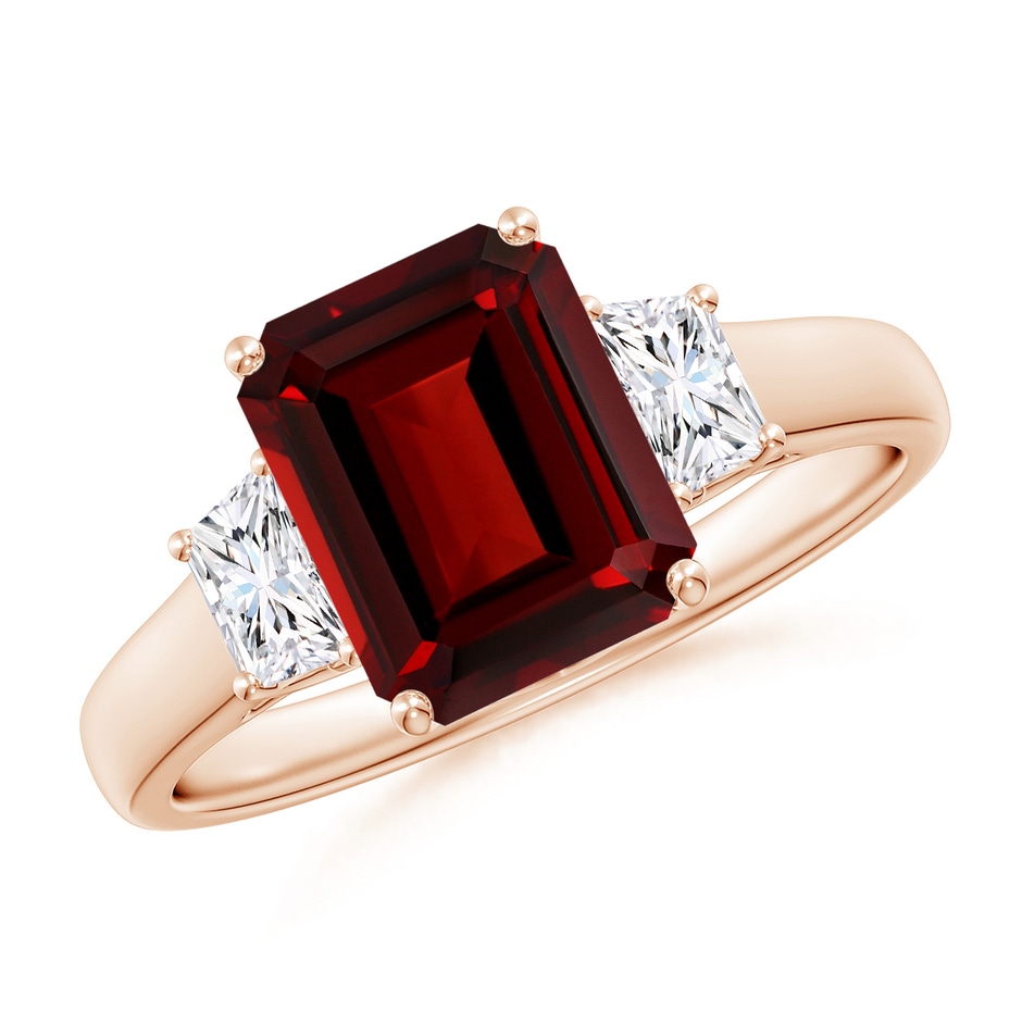 9x7mm AAAA Three Stone Emerald-Cut Garnet and Diamond Ring in Rose Gold 