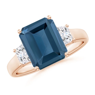 10x8mm A Three Stone Emerald-Cut London Blue Topaz and Diamond Ring in 9K Rose Gold