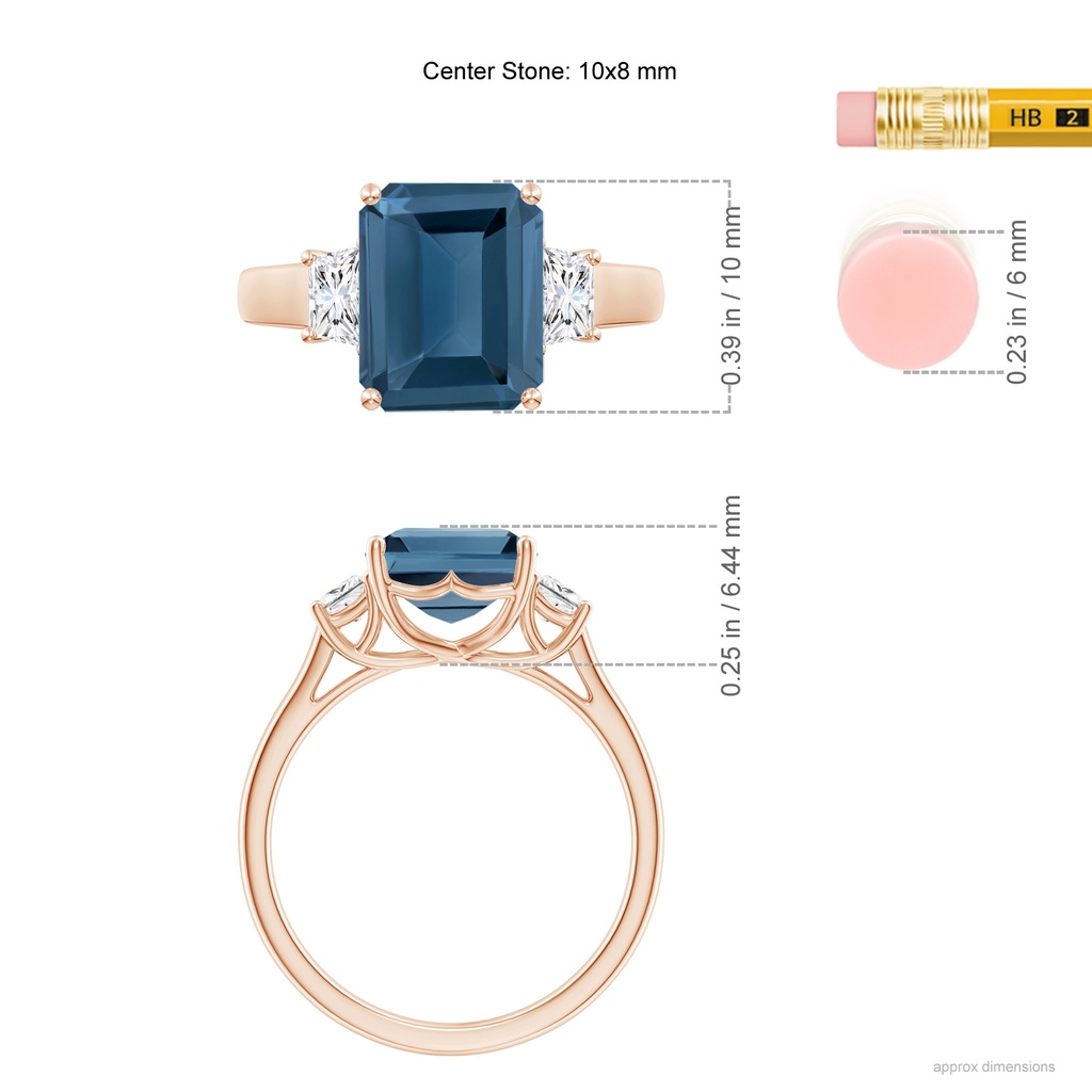 10x8mm A Three Stone Emerald-Cut London Blue Topaz and Diamond Ring in Rose Gold Ruler