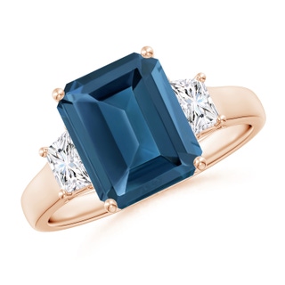 10x8mm AA Three Stone Emerald-Cut London Blue Topaz and Diamond Ring in Rose Gold