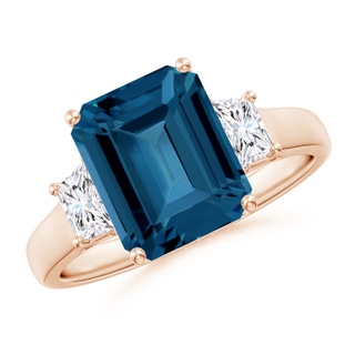 10x8mm AAA Three Stone Emerald-Cut London Blue Topaz and Diamond Ring in Rose Gold