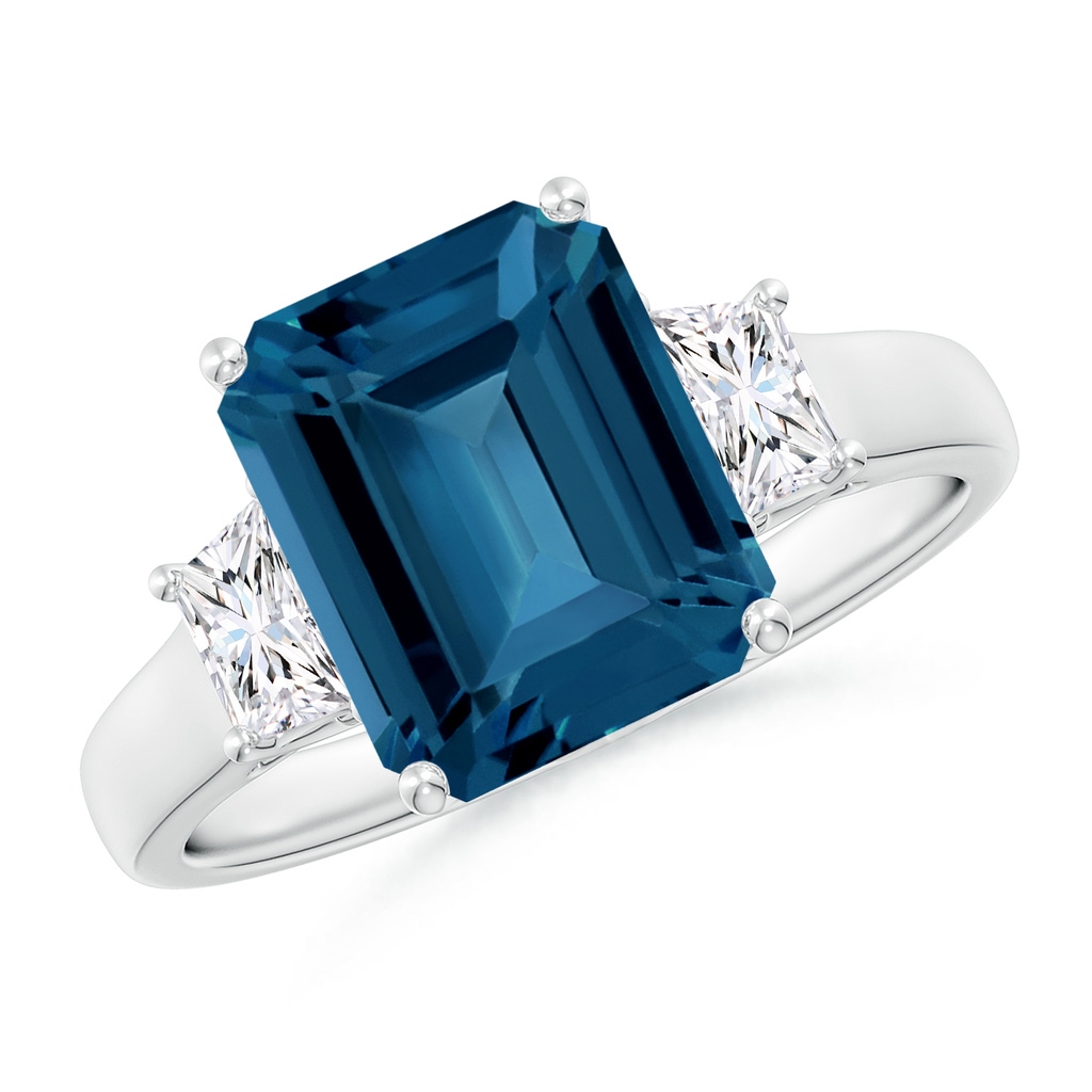 10x8mm AAA Three Stone Emerald-Cut London Blue Topaz and Diamond Ring in White Gold