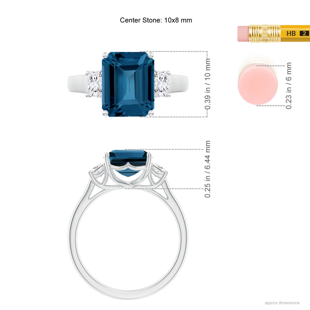10x8mm AAA Three Stone Emerald-Cut London Blue Topaz and Diamond Ring in White Gold Ruler