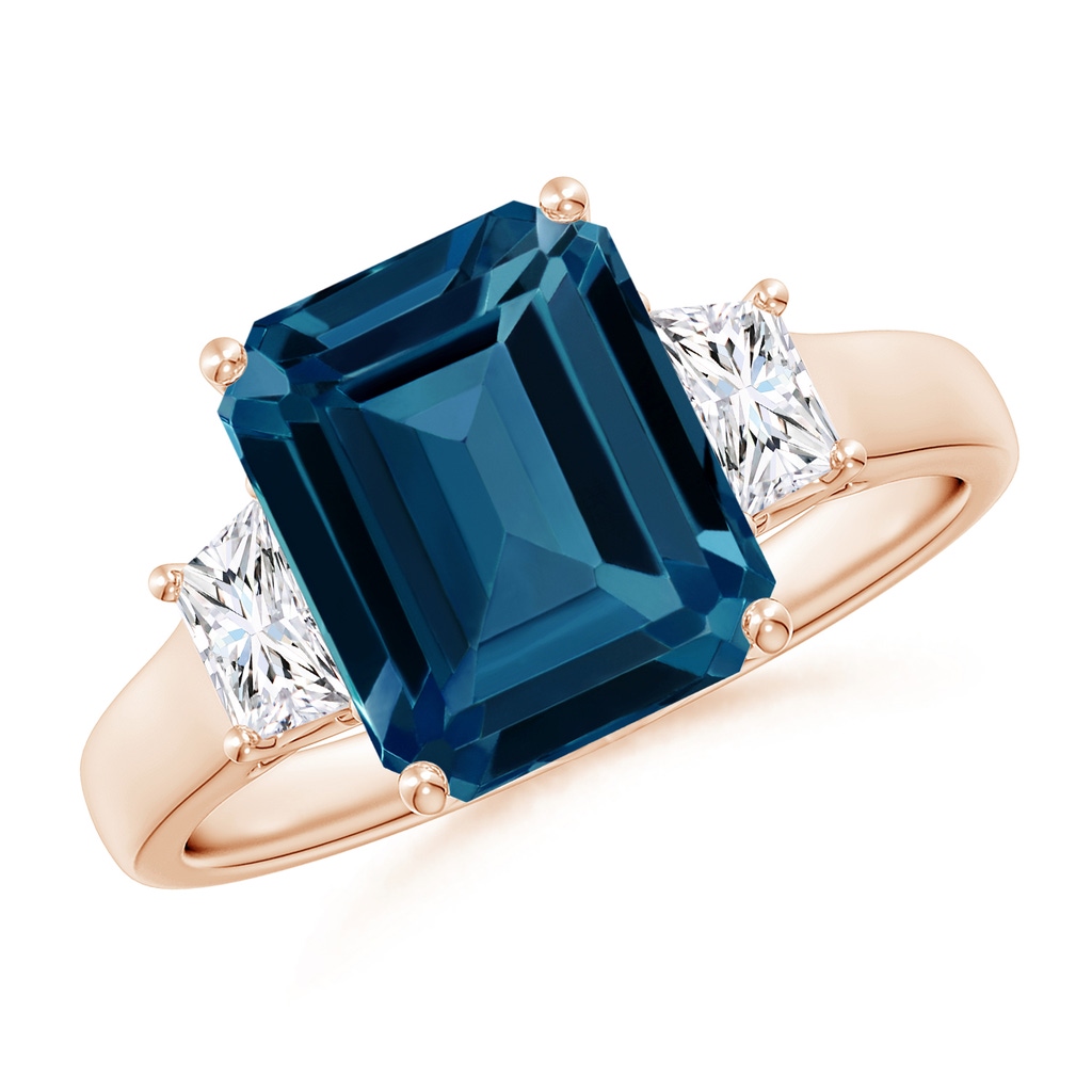 10x8mm AAAA Three Stone Emerald-Cut London Blue Topaz and Diamond Ring in Rose Gold