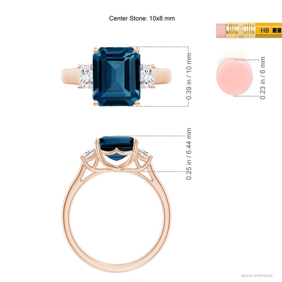 10x8mm AAAA Three Stone Emerald-Cut London Blue Topaz and Diamond Ring in Rose Gold ruler