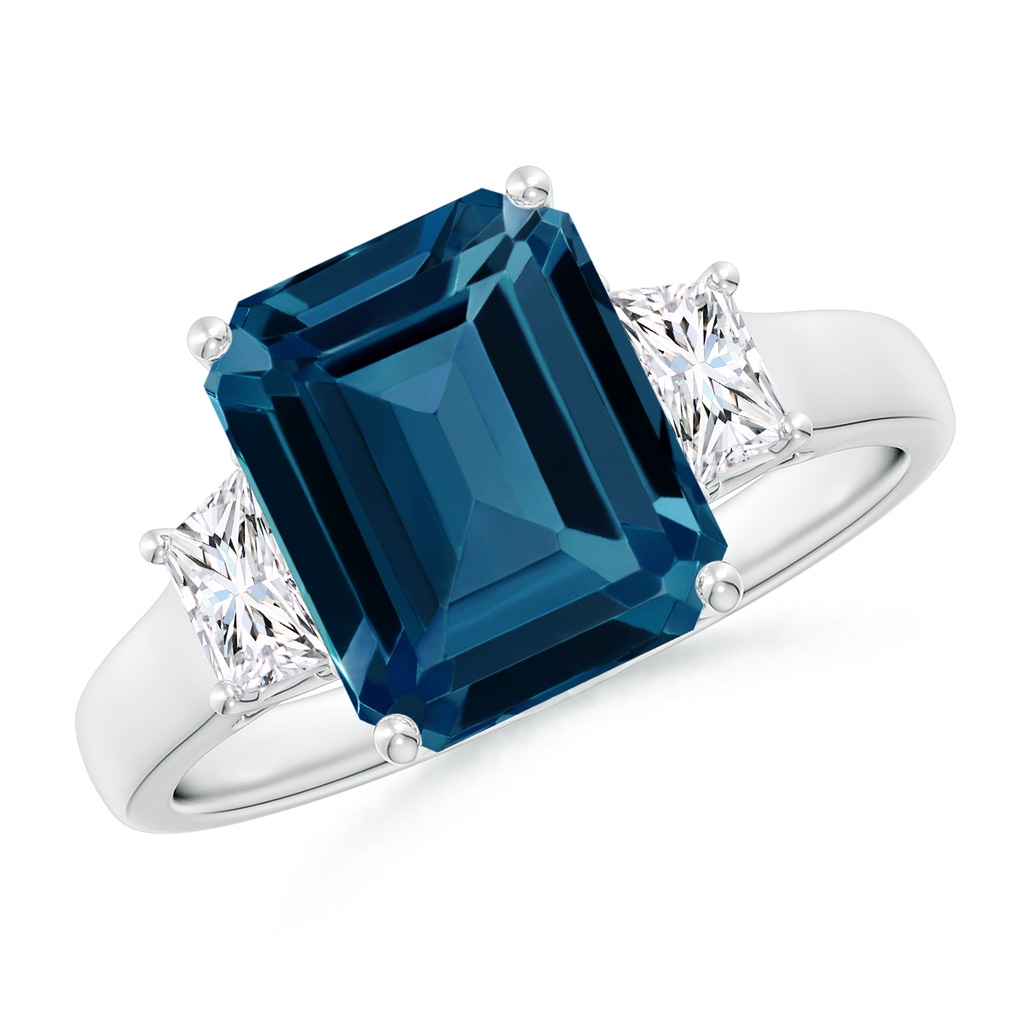 10x8mm AAAA Three Stone Emerald-Cut London Blue Topaz and Diamond Ring in White Gold