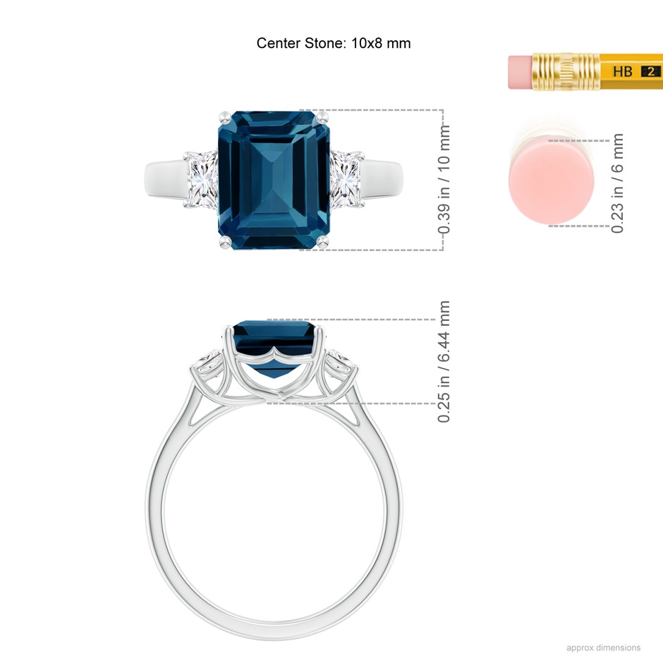 10x8mm AAAA Three Stone Emerald-Cut London Blue Topaz and Diamond Ring in White Gold ruler