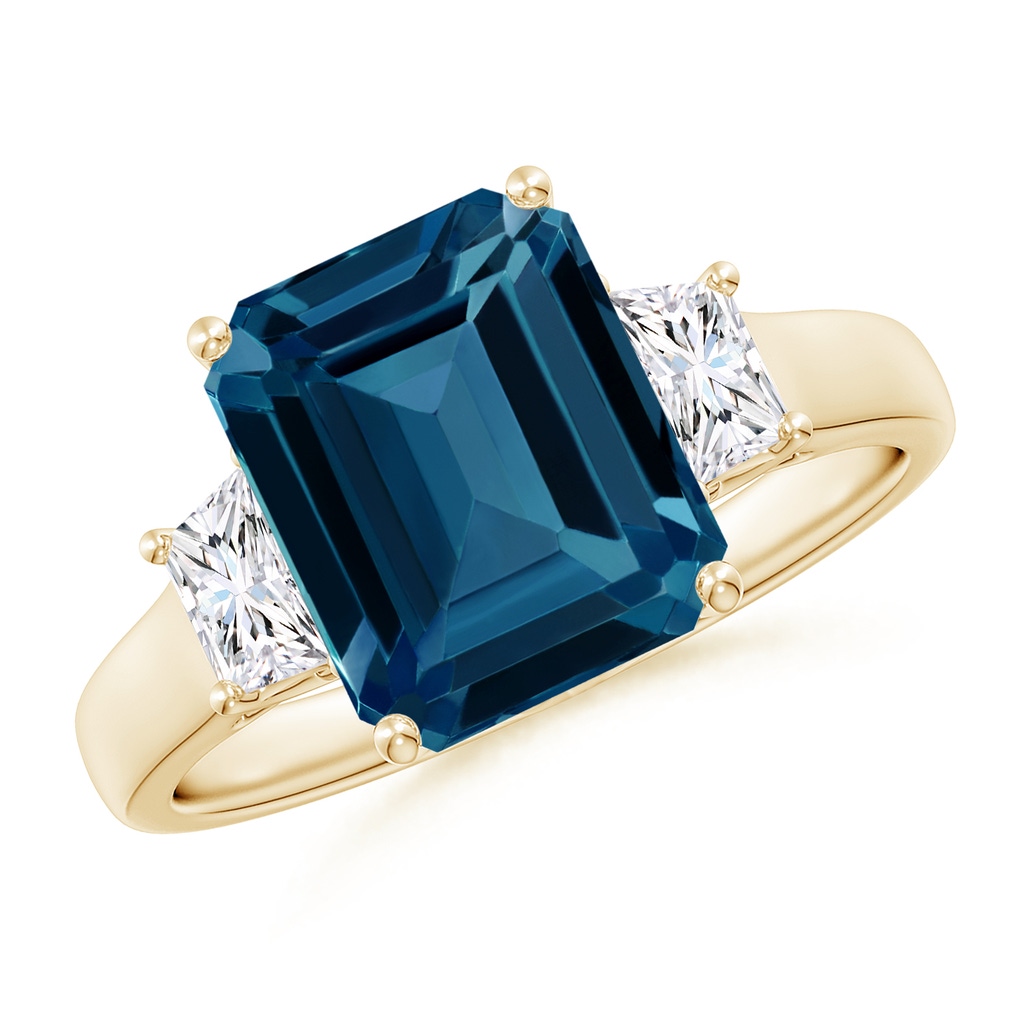 10x8mm AAAA Three Stone Emerald-Cut London Blue Topaz and Diamond Ring in Yellow Gold