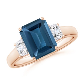 9x7mm AA Three Stone Emerald-Cut London Blue Topaz and Diamond Ring in 10K Rose Gold