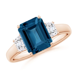 9x7mm AAA Three Stone Emerald-Cut London Blue Topaz and Diamond Ring in Rose Gold