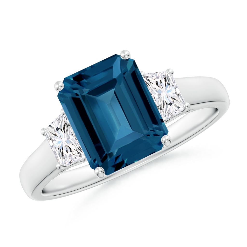 9x7mm AAA Three Stone Emerald-Cut London Blue Topaz and Diamond Ring in White Gold