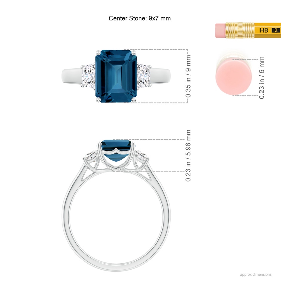 9x7mm AAA Three Stone Emerald-Cut London Blue Topaz and Diamond Ring in White Gold ruler