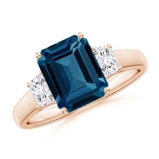 9x7mm AAAA Three Stone Emerald-Cut London Blue Topaz and Diamond Ring in 9K Rose Gold