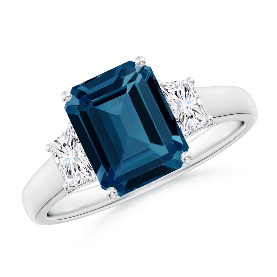 9x7mm AAAA Three Stone Emerald-Cut London Blue Topaz and Diamond Ring in P950 Platinum 