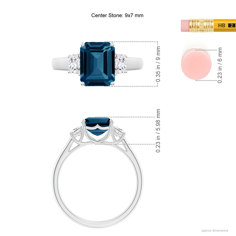9x7mm AAAA Three Stone Emerald-Cut London Blue Topaz and Diamond Ring in P950 Platinum ruler
