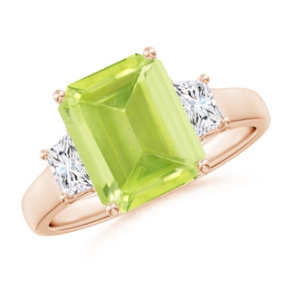 10x8mm A Three Stone Emerald-Cut Peridot and Diamond Ring in Rose Gold