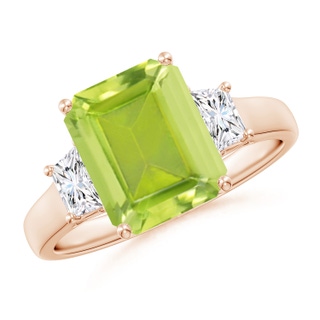 10x8mm AA Three Stone Emerald-Cut Peridot and Diamond Ring in Rose Gold