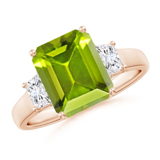 10x8mm AAA Three Stone Emerald-Cut Peridot and Diamond Ring in Rose Gold