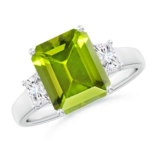 10x8mm AAA Three Stone Emerald-Cut Peridot and Diamond Ring in White Gold